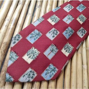 EUC TOMMY BAHAMA Red w/Tropical Foliage Checkered Pattern 100% Silk Tie